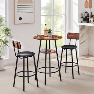 3-Piece Metal Outdoor Bistro Set with Black Cushions, Round Bar Stool Set with Shelf, Upholstered stool, Rustic Brown