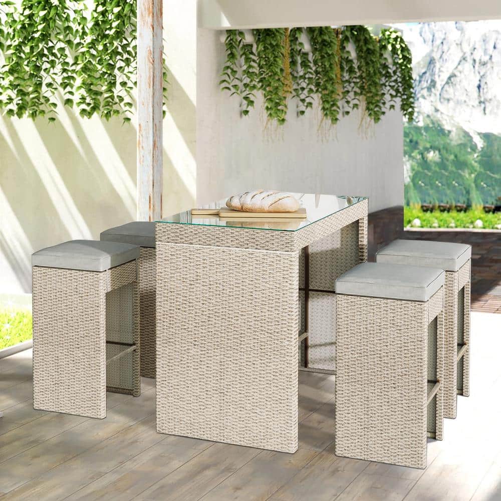 Maincraft Brown 5-Piece Wicker Outdoor Dining Bar Set with Brown ...