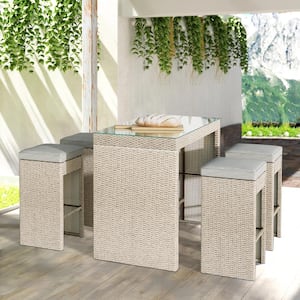 Brown 5-Piece Wicker Outdoor Dining Bar Set with Brown Cushions