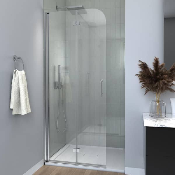 TOOLKISS 30 to 44 in. W x 72 in. H Bi-Fold Frameless Shower Doors in Chrome with Clear Glass