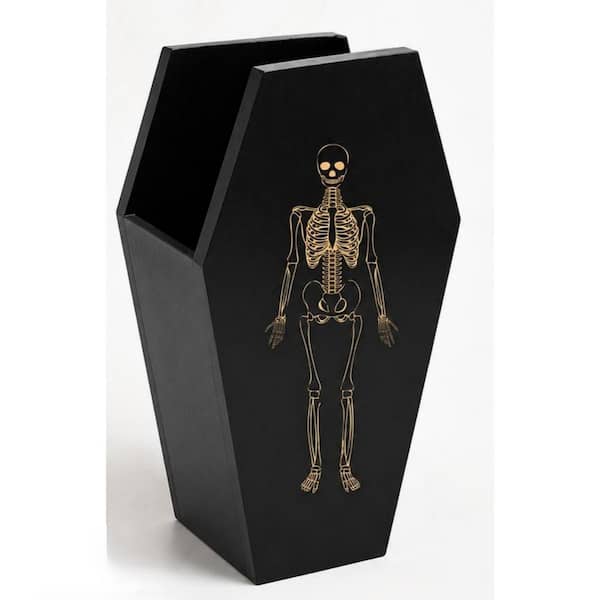 Halloween Gothic Black Solid Wood Coffin Utensil Holder with Dual-Sided Laser-Etched Skeleton and Wide Base