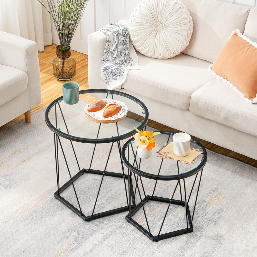 19.7 in. Modern Style Black Round Glass Small Coffee Table Set with Metal F