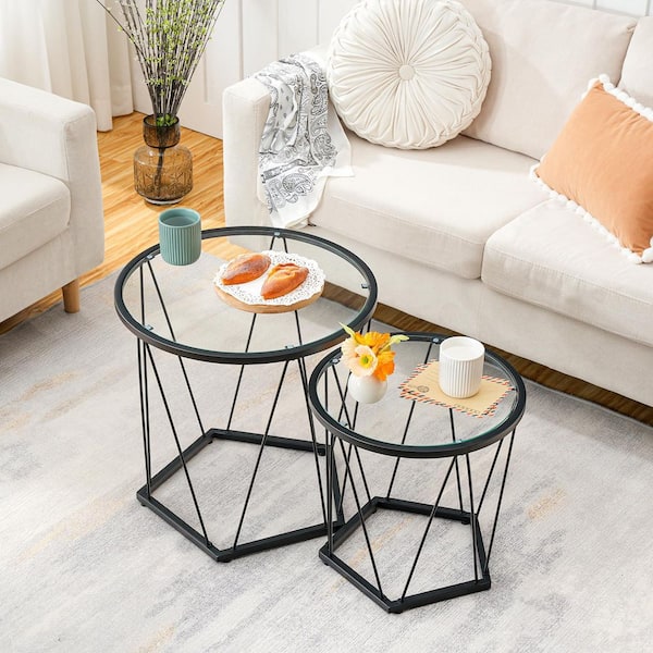 Angel Sar 19.7 in. Modern Style Black Round Glass Small Coffee Table Set with Metal Frame for Living Room, Balcony (2-Pack)