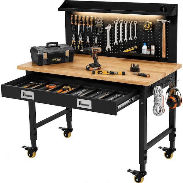 48" Wood Workbench with Drawers & Pegboard, LED Light & Power Outlet, 6-Level Adjustable Height Mobile Garage Work Table