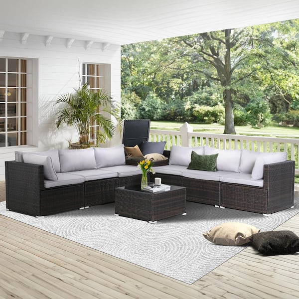 Zeus & Ruta 8-Piece Modern Rattan Wicker Garden Outdoor Sectional Set with Gray Cushions and Glass Table for Patio, Garden, Deck