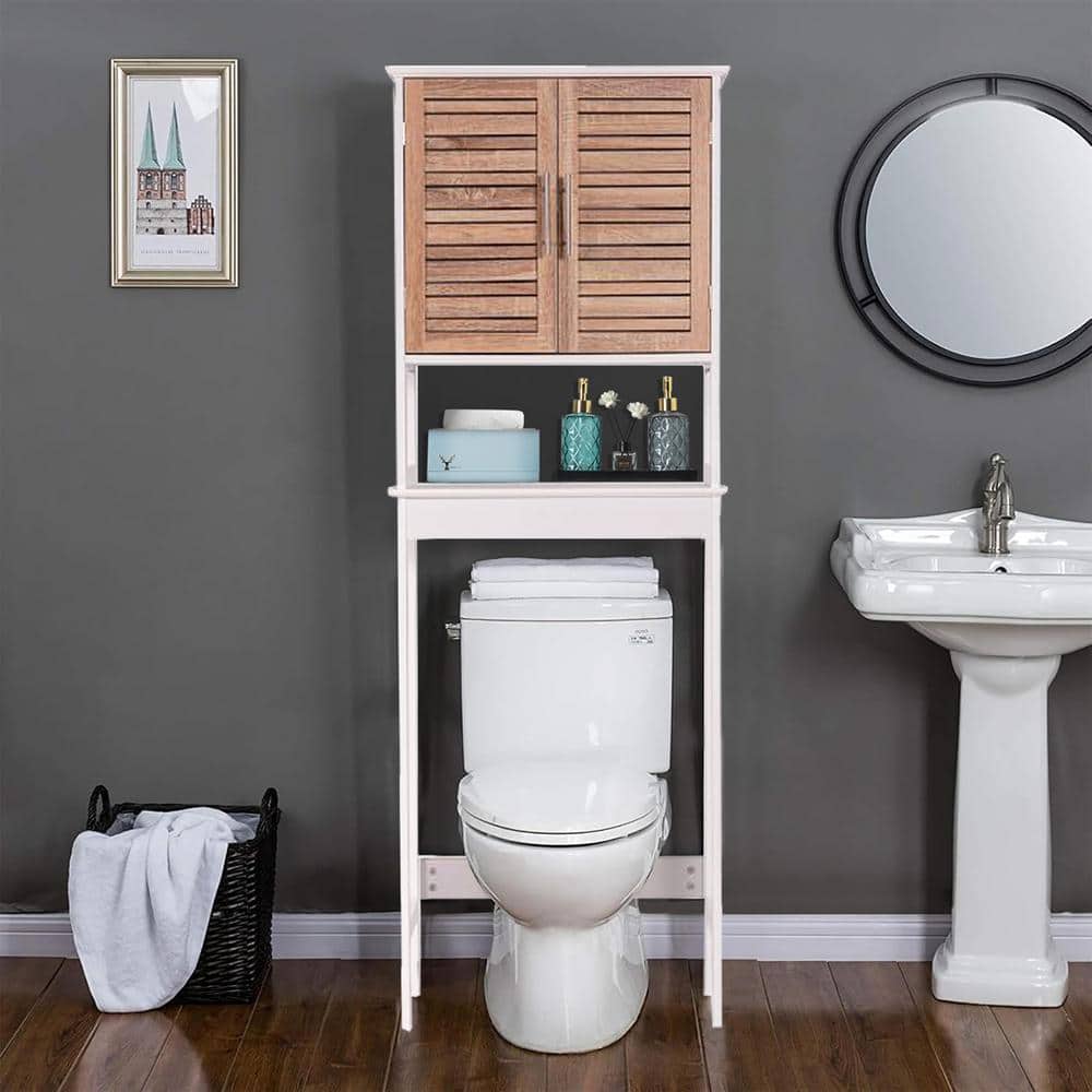 White and Oak Over-the-Toilet Bathroom Storage Cabinet