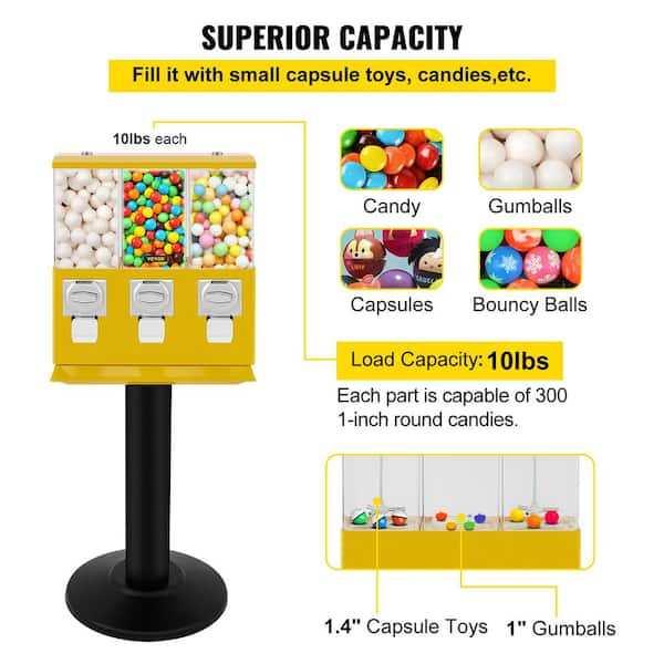 VEVOR 3 Head Candy Machine 1 in. Gumball Vending Machine with Stand and  Adjustable Candy Outlet Size for Gaming Stores, Yellow TGJ3G000000000001V0  - The Home Depot