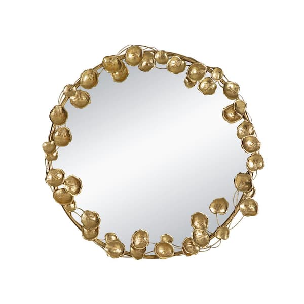 Unbranded Modern 35 in. W x 35 in. H Large Round Iron Framed Wall Bathroom Vanity Mirror in Gold with Leaf Accents