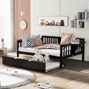 Espresso Full Size Wood Daybed with Twin Size Trundle, Solid Sofa Bed Daybed Frame with Small Foldaway Table