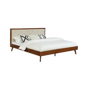 Ames Medium Brown wood bed frame King Platform Bed with Beige Tufted Headboard