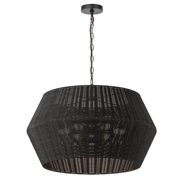 aiwen 28.34 in. 6-Light Farmhouse Black Coastal Woven Chandelier with Rattan Basket Shade