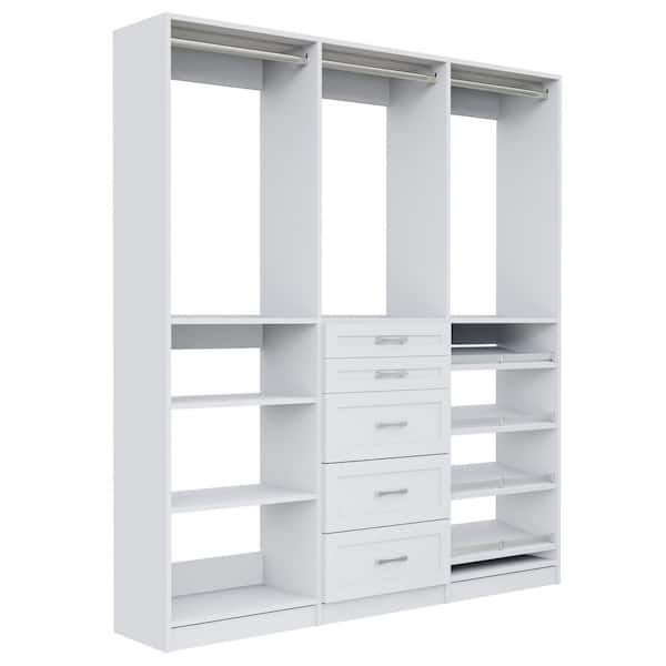 Alto Collection 79.5 in. W White Wall Mounted Shaker Hang w Shelves, 5-Drawer Hang, Hang Shoe Shelves Wood Closet System