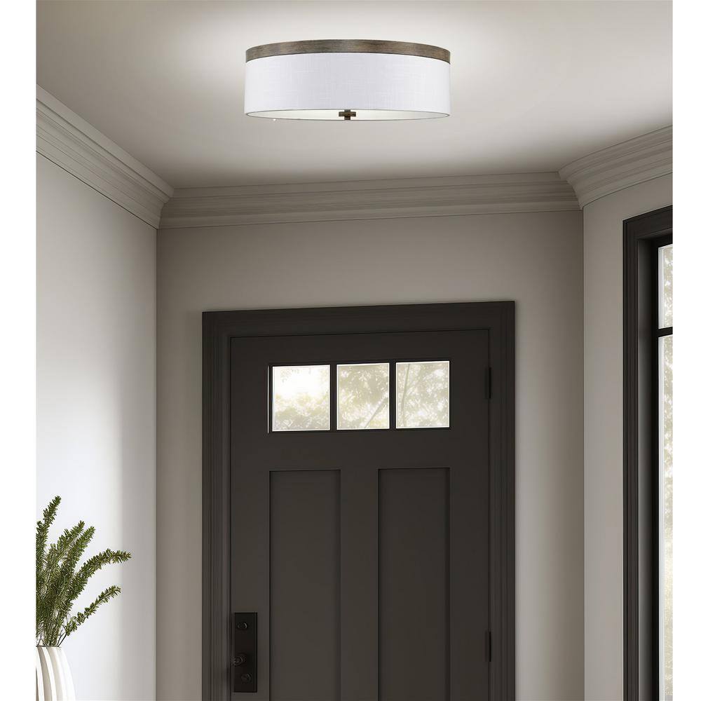 Walker 20" Gray Oak Wood Style 3-Light Flush Mount with White Linen Shade
