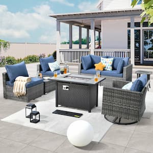 Daffodil H Gray 8-Piece Wicker Patio Fire Pit Conversation Sofa Set with a Swivel Rocking Chair and Denim Blue Cushions