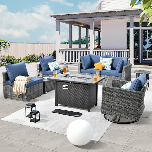 weaxty W Daffodil H Gray 8-Piece Wicker Patio Fire Pit Conversation Sofa Set with a Swivel Rocking Chair and Denim Blue Cushions