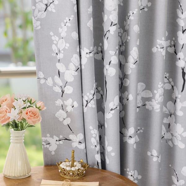 Gray Polyester Floral 50 in. W x 84 in. L Grommet Blackout Curtain