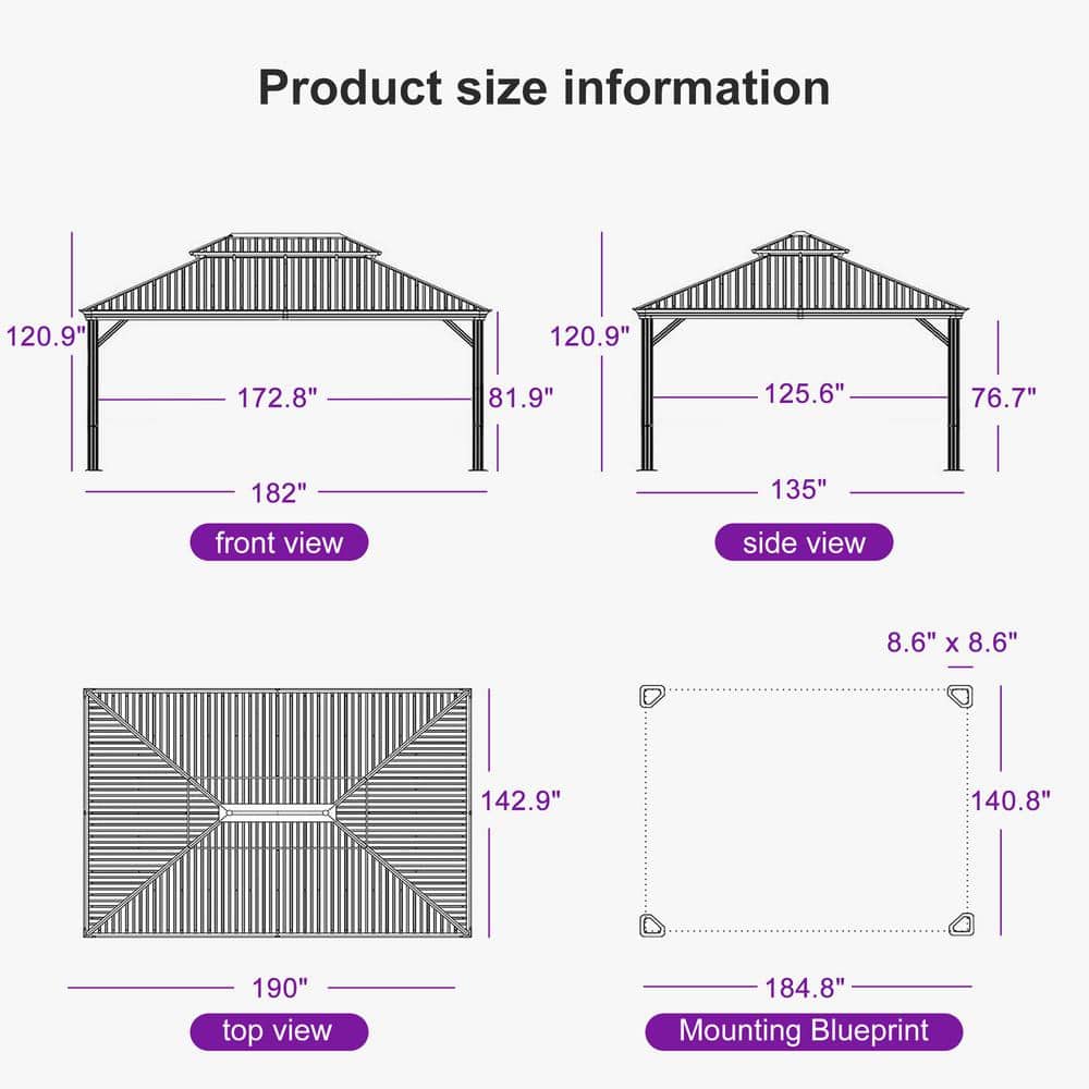 12' x 16' Black Aluminum Hardtop Patio Gazebo with Curtains