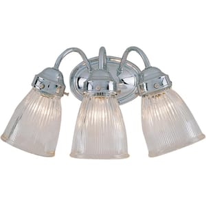 3-Light Indoor Chrome Bath or Vanity Light Wall Mount or Wall Sconce with Clear Ribbed Glass Bell Shades