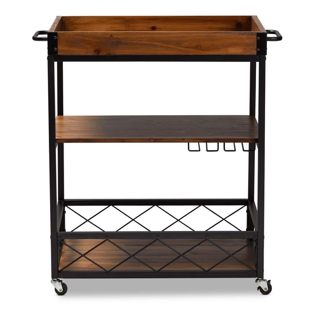 Capri Rustic Oak and Black Metal Mobile Bar Cart with Wine Storage