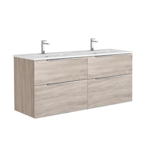 Dalia 56 in. W x 18.1 in. D x 23.8 in. H Double Sink Wall Mounted Bath Vanity in Grey Pine with White Solid Surface Top