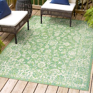 Tela Bohemian Textured Weave Floral Cream/Green 3 ft. x 5 ft. Indoor/Outdoor Area Rug