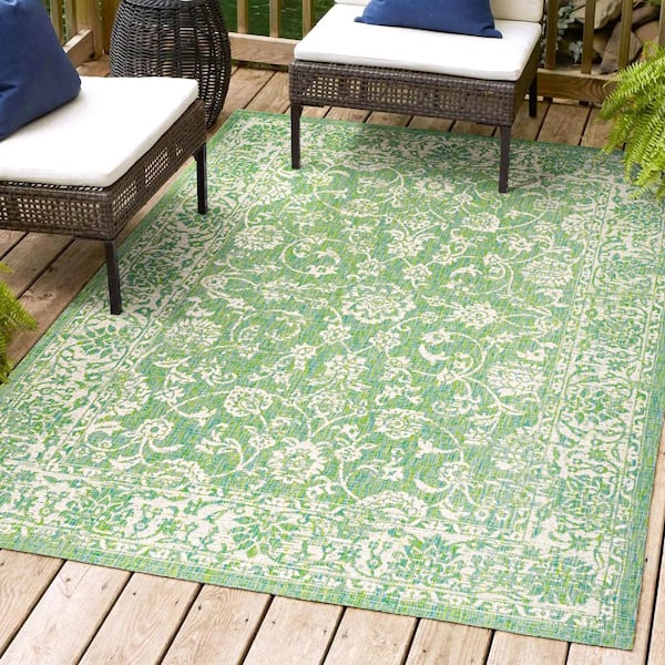 Tela Bohemian Textured Weave Floral Cream/Green 9 ft. x 12 ft. Indoor/Outdoor Area Rug