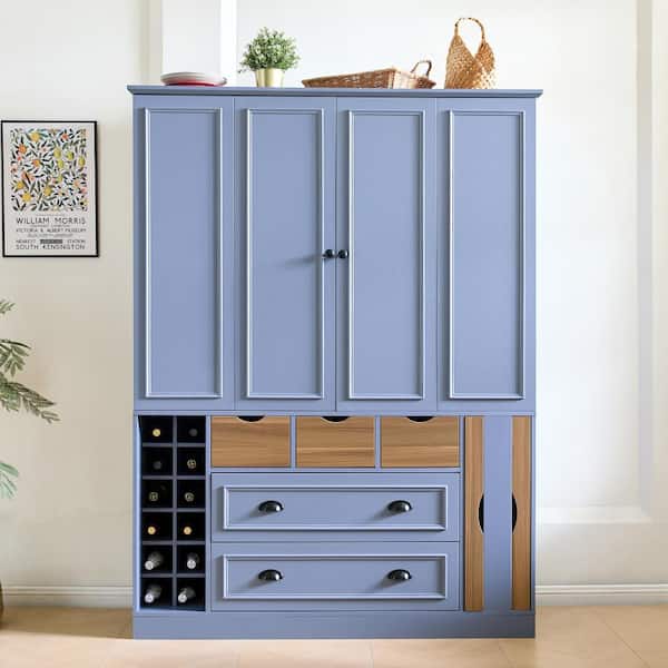 Farmhouse 71''H Gray Large Kitchen Pantry with 4 Foldable Doors,Power Outlet, Shelves, Wine Racks and Serving Trays