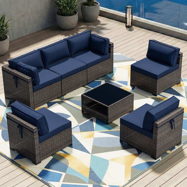 JOYSIDE 7-Piece Brown Wicker Outdoor Patio Sectional Set with Blue