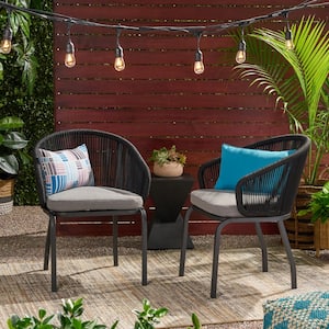 Black Iron Metal Outdoor Lounge Chairs with Grey Cushion and Black Woven Rope, Set of 2