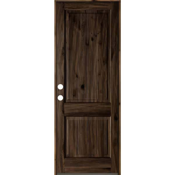 Krosswood Doors 36 in. x 96 in. Rustic Knotty Alder Square Top V-Grooved Right-Hand/Inswing Black Stain Wood Prehung Front Door