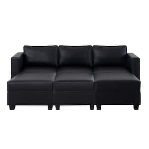 87.01 in. W Faux Leather Sofa with Triple Ottoman Streamlined Comfort for Your Sectional Sofa in Black