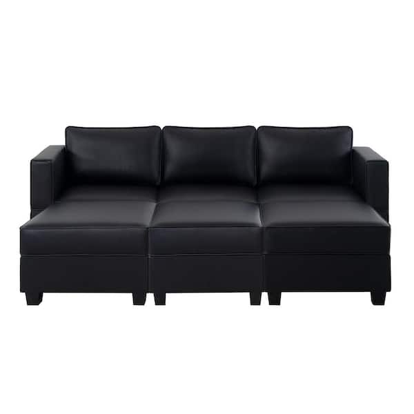 MAYKOOSH 87.01 in. W Caramel Faux Leather 1 Piece Sectional Sofa with Storage and Triple Ottoman 3-Seater Living Room Suite