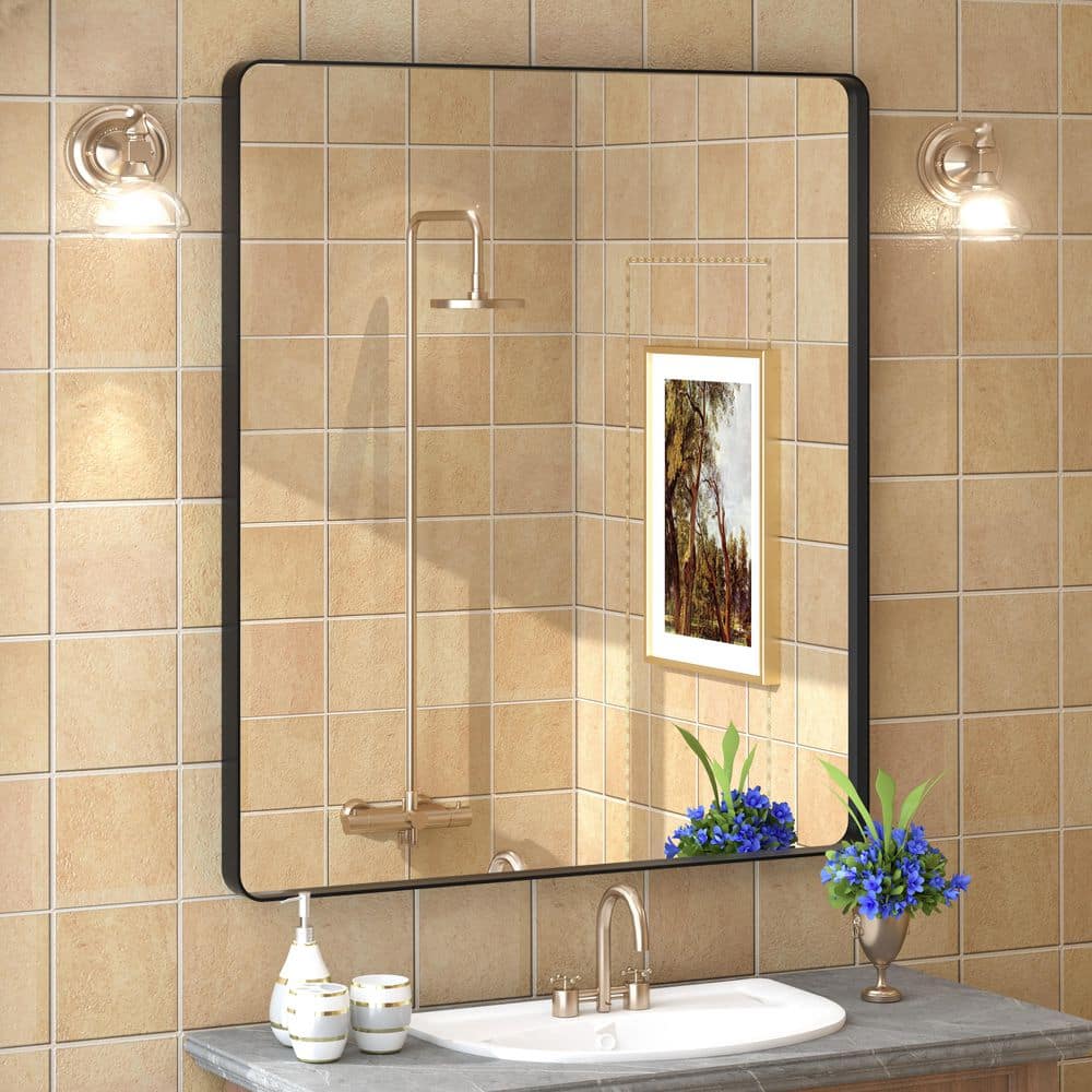 32 in. W x 36 in. H Rectangular Aluminum Alloy Framed and Tempered Glass Wall Bathroom Vanity Mirror in Matte Black price history on PriceWatchPro