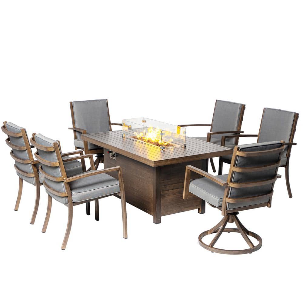 Patio Dining Set, 7-Piece Aluminum Outdoor Dining Set with Gray Cushion and Fire Pit Table - 2 Swivel plus 4 Armchair price history on PriceWatchPro
