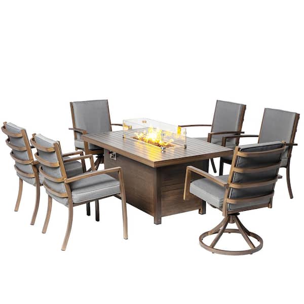 PATIOPTION Patio Dining Set, 7-Piece Aluminum Outdoor Dining Set with Gray Cushion and Fire Pit Table - 2 Swivel plus 4 Armchair
