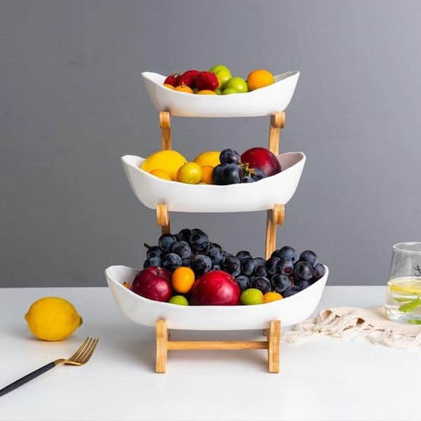 1 Piece 3-Tier Bamboo Stand White Porcelain Fruit Bowls Set for Kitchen Counter, Party and Wedding