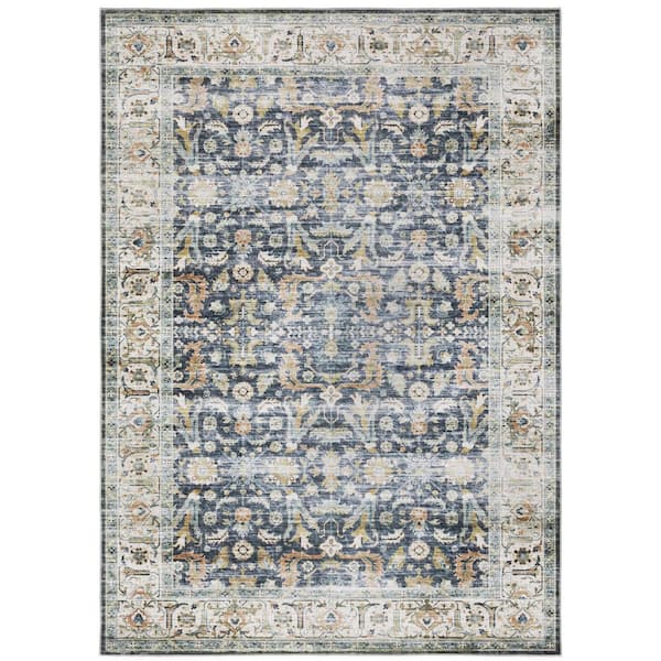 Cascade Blue/Gold 4 ft. x 6 ft. Vintage Persian Polyester Machine Washable Indoor Area Rug