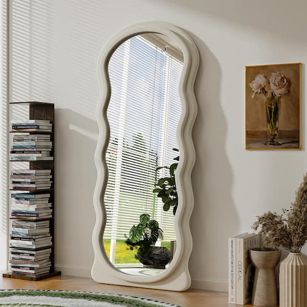 30 in. W x 71 in. H Irregular White Flannelette Wood Framed Wave Shaped Full Length Mirror