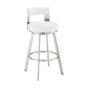 26 in. White and Silver Low Back Metal Frame Counter stool with Faux Leather Seat