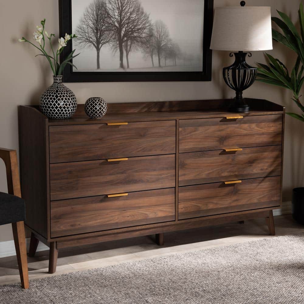 Elegant Mid-Century Walnut Brown Dresser with Gold-Tone Handles, 6 Drawers