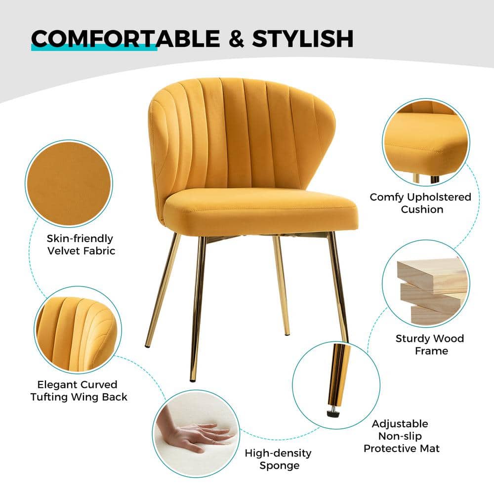Mustard Velvet Upholstered Side Chair with Brass Metal Legs