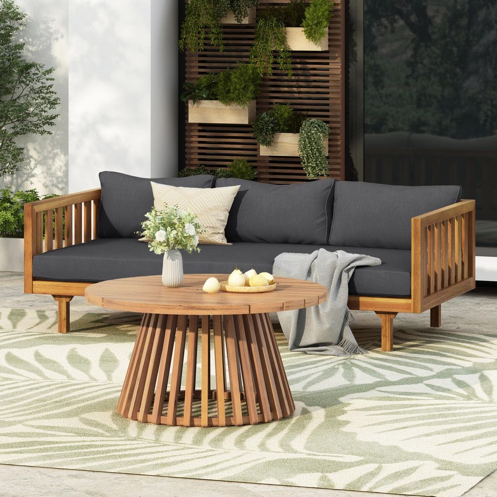 Dylan Teak 2-Piece Wood Outdoor Patio Conversation Seating Set with Dark Gray Fabric Cushions, 3-Seater Daybed and Table price history on PriceWatchPro