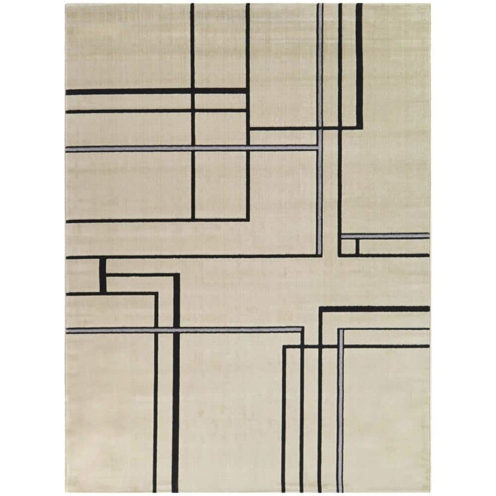 Barclay Cream and Black Geometric Synthetic Area Rug