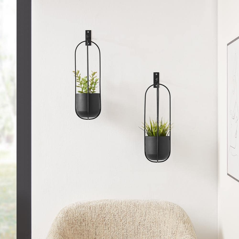 Modern Black Metal Oval Wall Hanging Planter Set