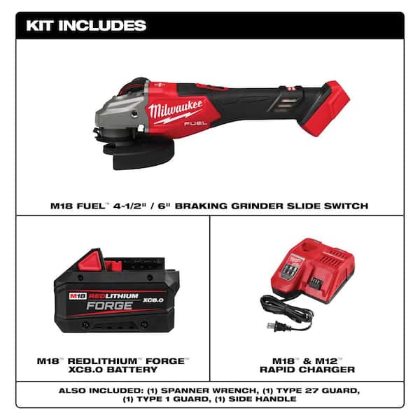 M18 FUEL 18V Lithium-Ion Brushless Cordless 4-1/2 in. /6 in. Braking Grinder with Slide Switch w/ 8. 0Ah Battery/Charger