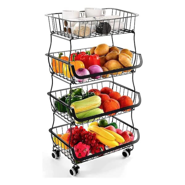 6-Tiers Metal Storage Baskets Kitchen Cart with Tabletop Fruits Vegetables  Baskets Rolling Utility Cart for Pantry, Snak Cart Orgainzer with Wheels