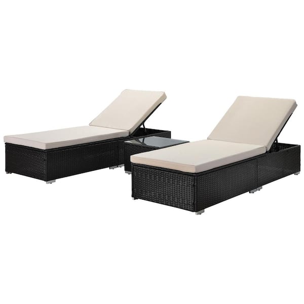 SUNRINX 3-Piece Wicker Outdoor Chaise Lounge Chair Set with Coffee Table in Beige Cushions