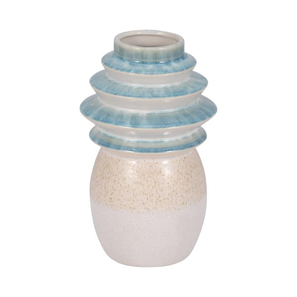 Liv & Skye 9 in. Blue Stoneware Round Fluted Top Reactive Finish Decorative Vase