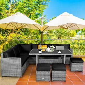 7-Piece Wicker Outdoor Sectional Set with Black Cushions and Dining Table