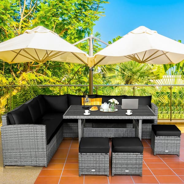Liviza 7-Piece Wicker Outdoor Sectional Set with Black Cushions and Dining Table